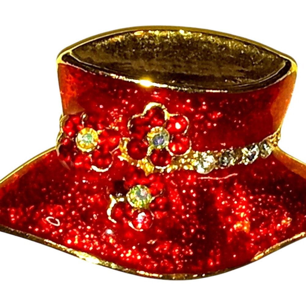 BTC Signed Vintage Gold Tone RED HAT Brooch Enamel Rhinestones Ladies Society